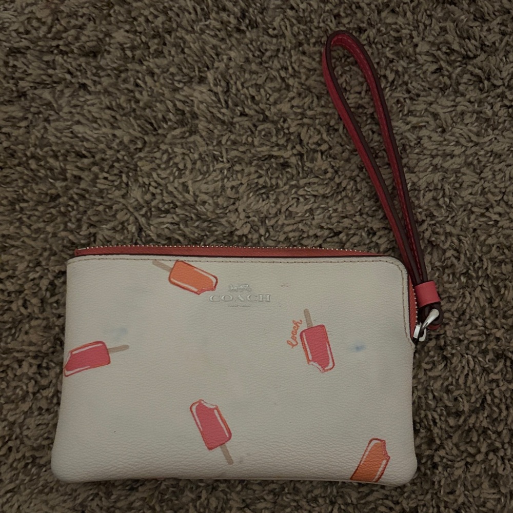 Coach White Wristlet with Pink & Orange Popsicle Print